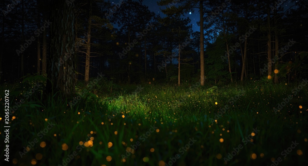 Obraz premium Nighttime forest background with glowing fireflies lighting grass and trees for Earth Day