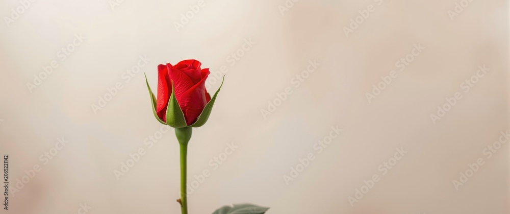 Obraz premium Red rose with green leaves against a soft background