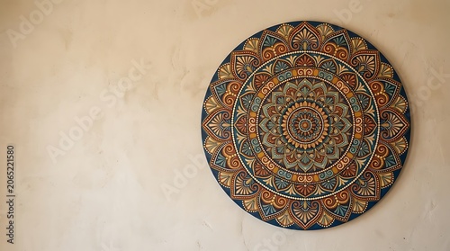 Intricate hand painted mandala art on a textured wall