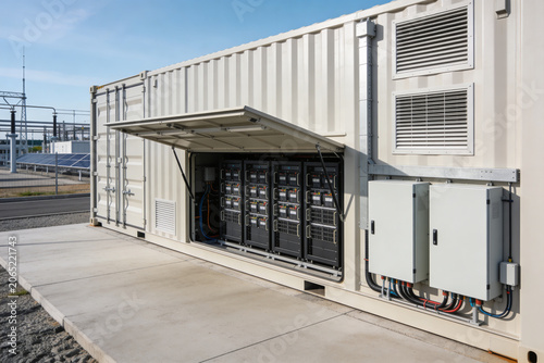 Industrial battery storage container with open access to internal power systems