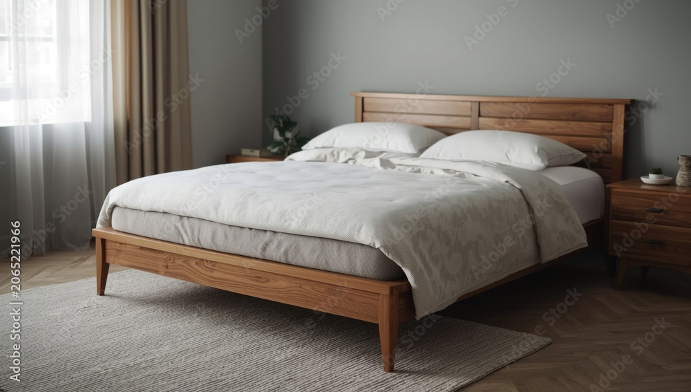 Obraz premium Wooden bed with white bedding in a modern bedroom