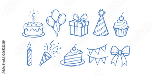birthday party elements and celebration doodle icon set with cake candle balloon gift box and cupcake vector illustration