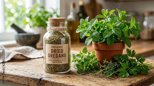Jar of organic dried oregano herb on a rustic kitchen counter with fresh herbs.