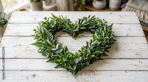 Heart shaped wreath made of fresh green leaves on white wooden background.