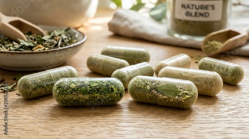 Natural Herbal Capsules and Dried Herbs on Wooden Table.
