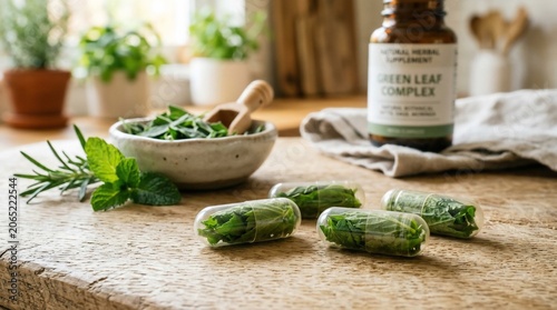 Natural green leaf complex herbal supplement capsules on a rustic wooden table.