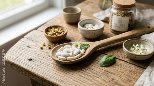 Natural Herbal Supplements and Organic Health Pills on Wooden Spoon.