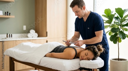 Professional physical therapist performing instrument assisted soft tissue mobilization on female patient.