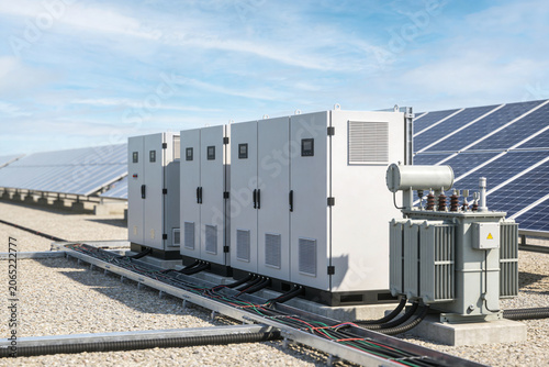 Obraz na plátně Solar power station equipment with inverters and transformer on a rooftop