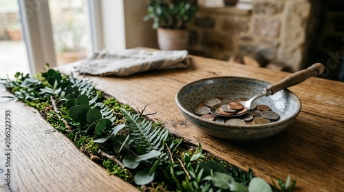 Rustic Table Setting with Natural Greenery and a Bowl of Soup.