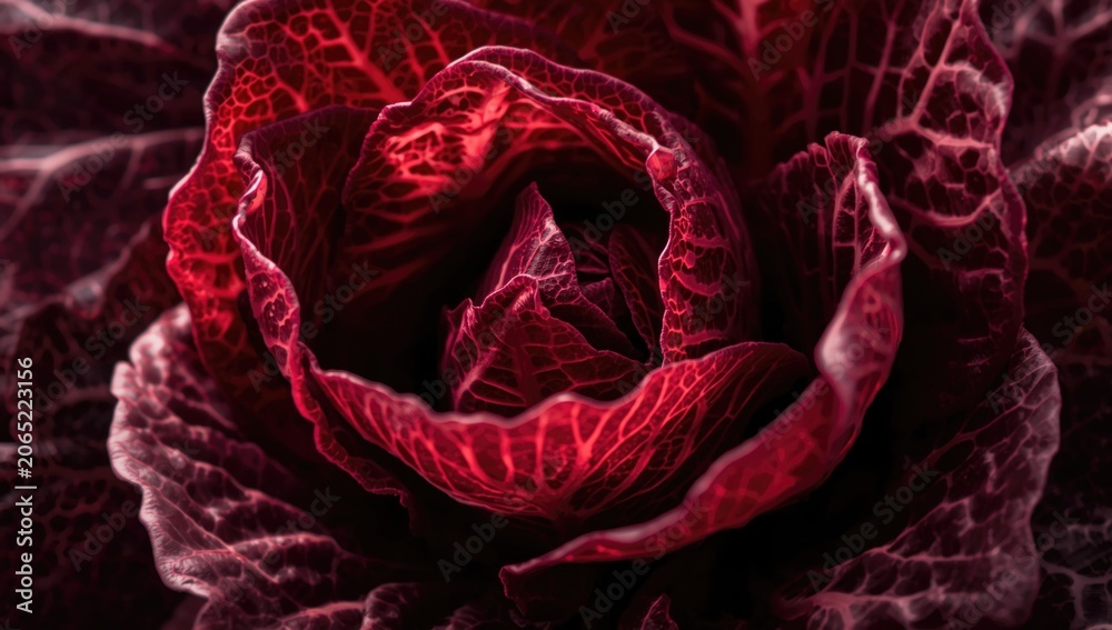 Obraz premium Red and purple cabbage close-up with detailed veins