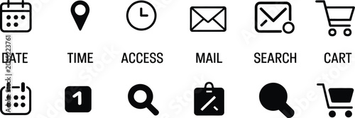 Valokuva Time, Date, Address, Email, Location, Search, and Shopping Cart Icon Vector Illu