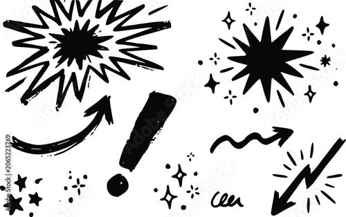Hand drawn doodle vector element set featuring starbursts arrows exclamation marks and decorative sparkles for modern graphic design projects