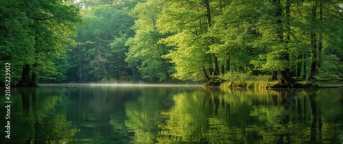 Lush green trees reflected in a calm forest lake