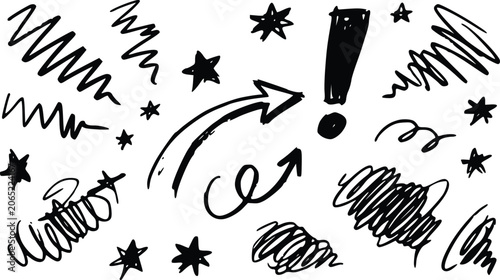 Photos Hand drawn doodle vector illustration set featuring black ink arrows stars excla
