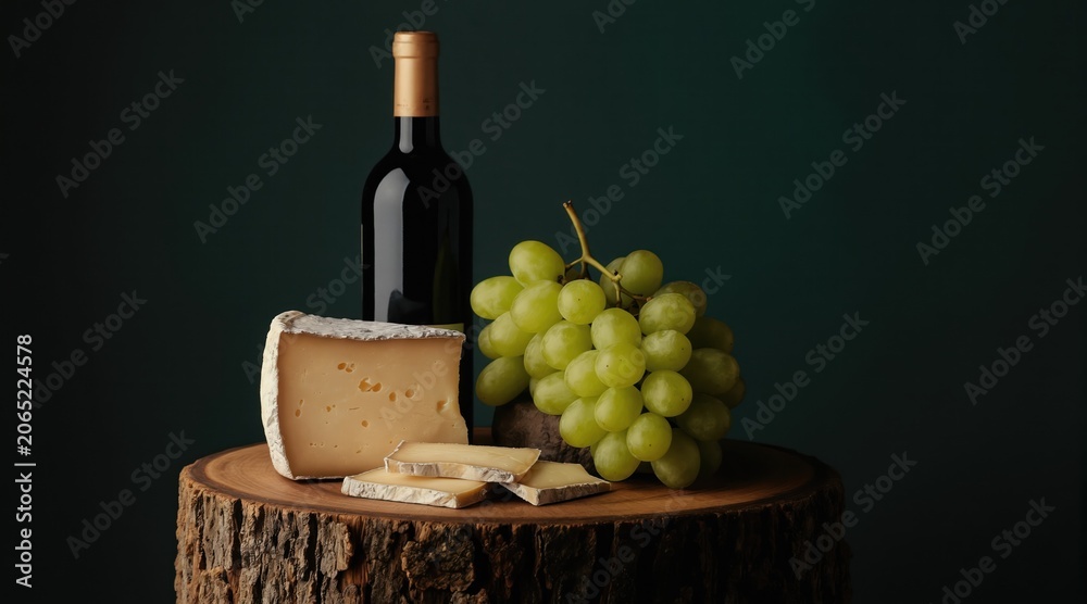 Obraz premium Red wine bottle cheese wedges and green grapes arranged on rustic wood slice. Dark backdrop creates elegant mood for gourmet food pairing and celebration.