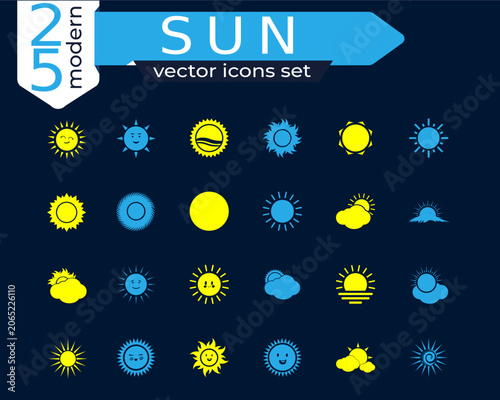 Set of 25 Flat Sun Icons with Different Shapes and Weather Clouds, Vector Illustration