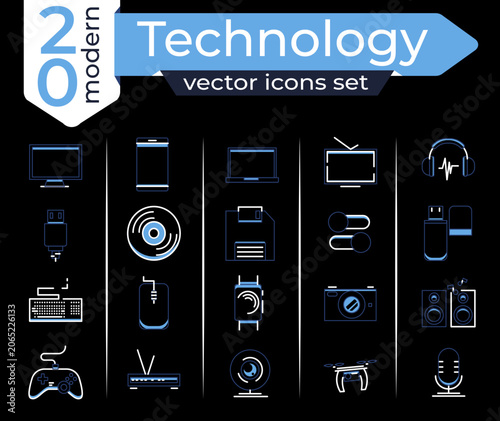 Set of 20 Flat Technology Icons, Digital Devices and Hardware Concepts on Black Background