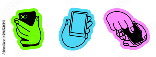 Valokuva Hands holding phones in green, blue and pink hues side by side