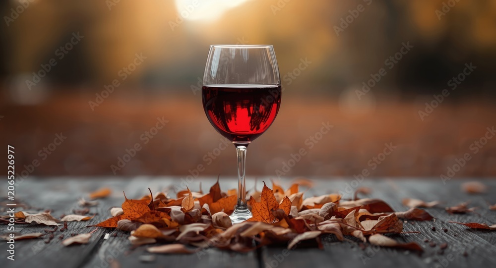 Fototapeta premium Selective focus image of a red wine glass surrounded by autumn leaves on a blurred wooden surface with copy space