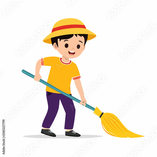 Boy Sweeping Floor with Broom