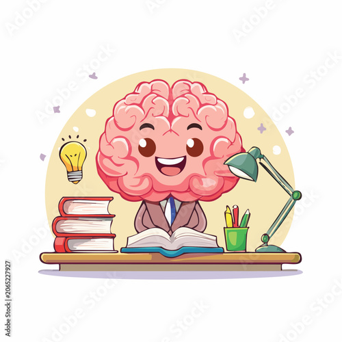 Cute Brain Character Studying at Desk with Books and Lamp