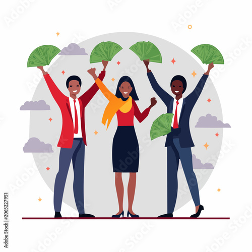 Diverse group of people celebrating with money