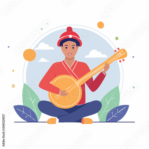 Man Playing Banjo in Traditional Attire