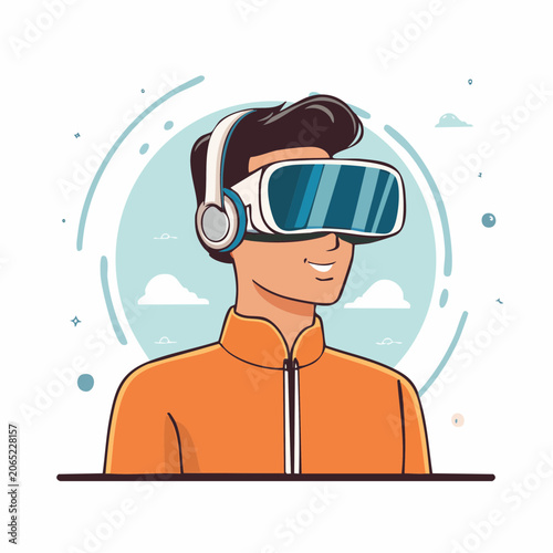 Man Wearing Virtual Reality Headset and Headphones