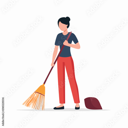 Woman sweeping with broom and dustpan