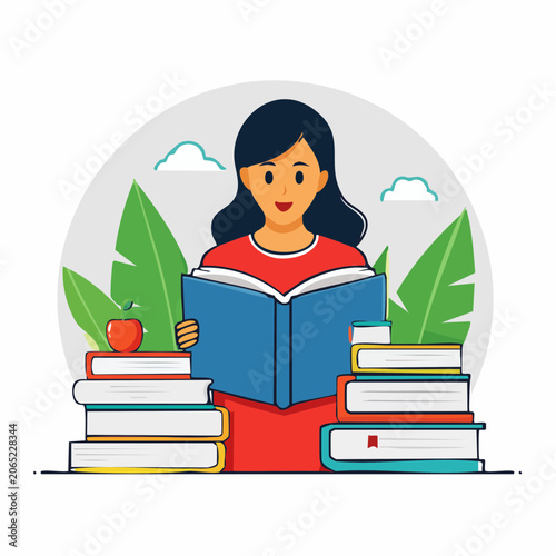 Woman Reading a Book Surrounded by Stacks of Books