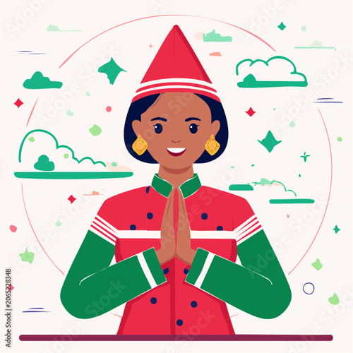 Woman in Traditional Attire with Namaste Gesture