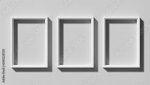  features a minimalist style with three white picture frames arranged horizontally against a light gray background.