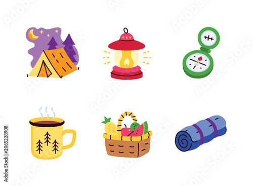 Camping Essentials Illustration Set with Tent, Lantern, Compass, Camping Mug, Picnic Basket and Sleeping Bag.