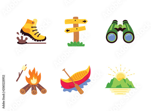 Outdoor Adventure and Camping Illustration Set with Hiking Boots, Trail Signpost, Binoculars, Campfire, Canoe and Mountain Sunrise.