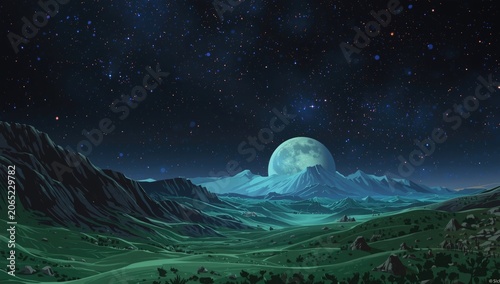 Fantasy landscape under a starry sky with a large moon