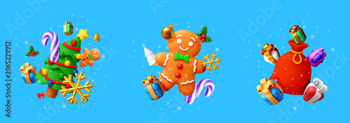 3D vector illustration set of Christmas icons featuring gingerbread man, decorated festive tree and gift bag. Holiday design elements for winter celebration card and banner.