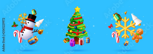 Set of 3d Christmas icons featuring snowman, decorated spruce tree and snowflake. Festive winter holiday collection with gift, candy cane and gingerbread man. Minimalist graphic design.