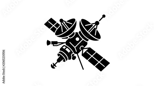 Complex space satellite with solar panels icon.