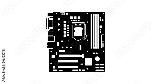 Computer motherboard circuit board silhouette icon.