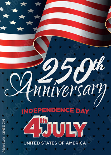 USA 250th anniversary Independence Day flyer layout; 4th of July semiquincentennial poster template, wavy American flag textured script background vector illustration holiday design