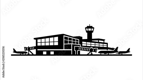 Airport terminal and control tower silhouette landscape.