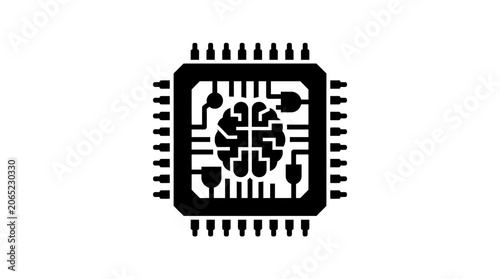 Artificial intelligence CPU microchip icon with brain circuit.
