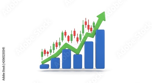 Stock market trading chart with upward green arrow showing financial growth and rising bar graph business analysis investment financial statistics positive increase currency