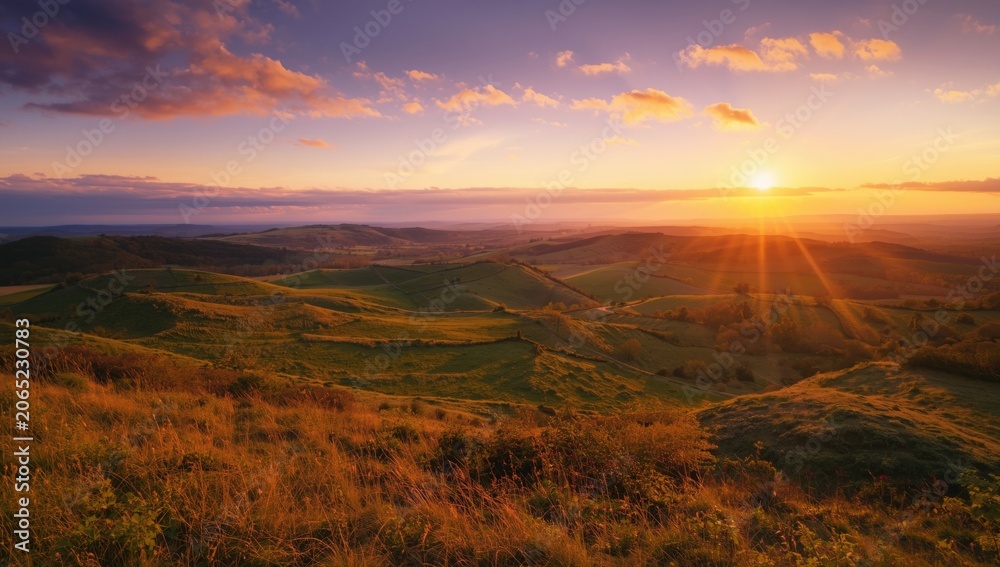 Obraz premium Hills and bright sunset sky during a warm spring evening landscape