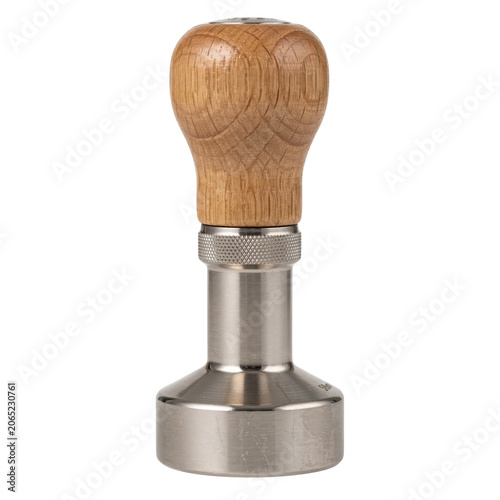 Coffee tamper with a wooden handle and a heavy stainless steel base, isolated on a transparent background, for barista and, coffee tools isolated on a transparent background
