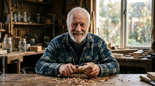 Senior man smiling while whittling wood in a rustic workshop