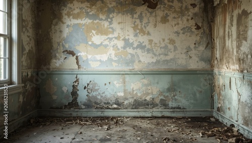 Moisture infiltration leading to mold damage and paint flaking on walls with blank space for text