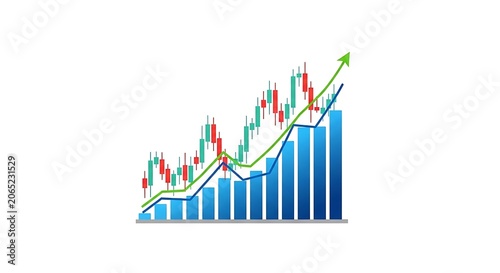 Rising blue bar chart with upward trending financial candlestick graph over white background business investment analysis corporate currency financial development statistic