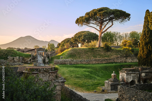 Fotografie Historic ruins of the ancient city of Pompeii with Mount Vesuvius rising in the background